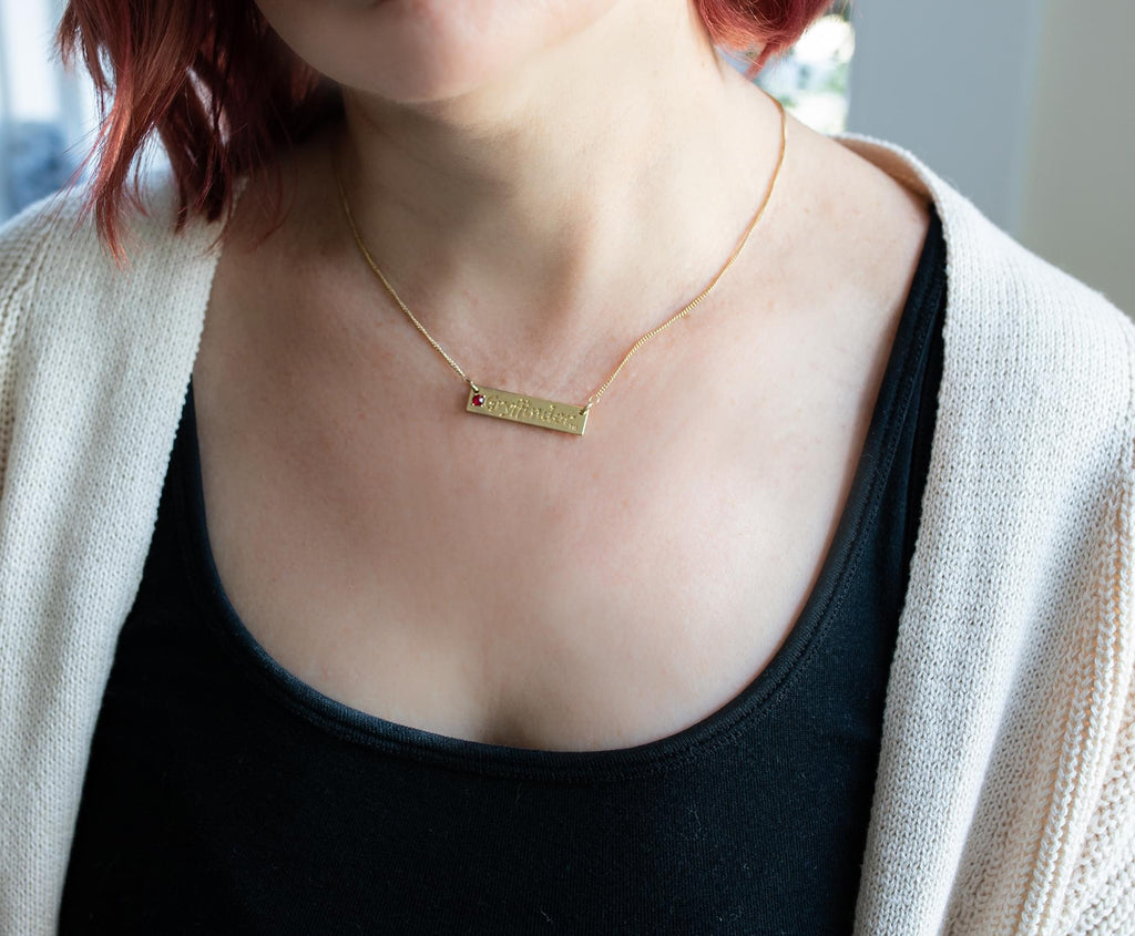 Harry Potter Gryffindor Script Bar Necklace with Stone