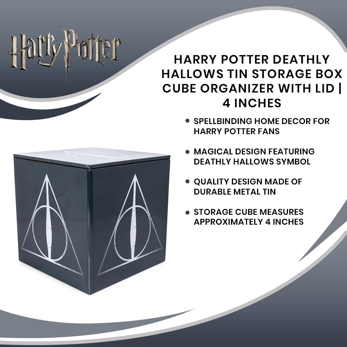 Harry Potter Deathly Hallows Tin Storage Box Cube Organizer with Lid | 4 Inches