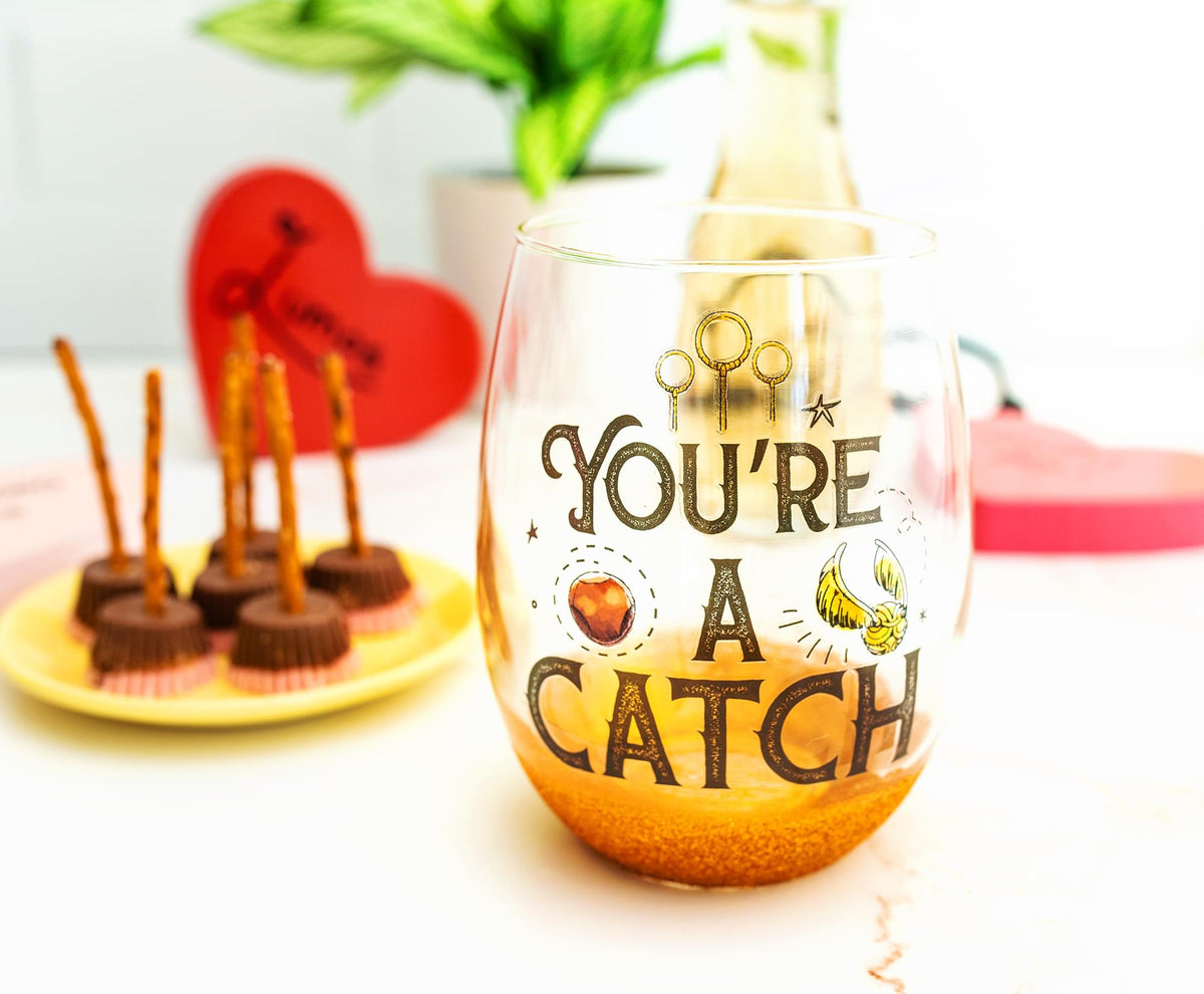 Harry Potter Quidditch "You're A Catch" Teardrop Stemless Wine Glass | 20 Ounces