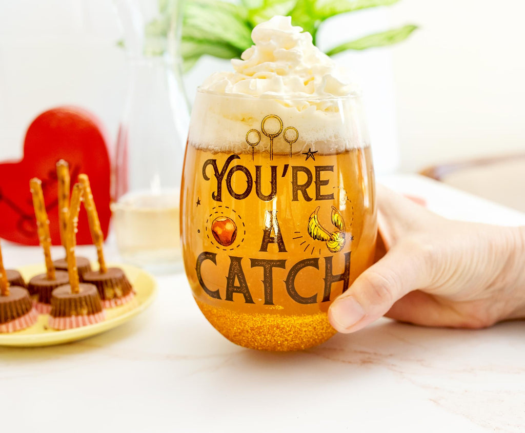 Harry Potter Quidditch "You're A Catch" Teardrop Stemless Wine Glass | 20 Ounces