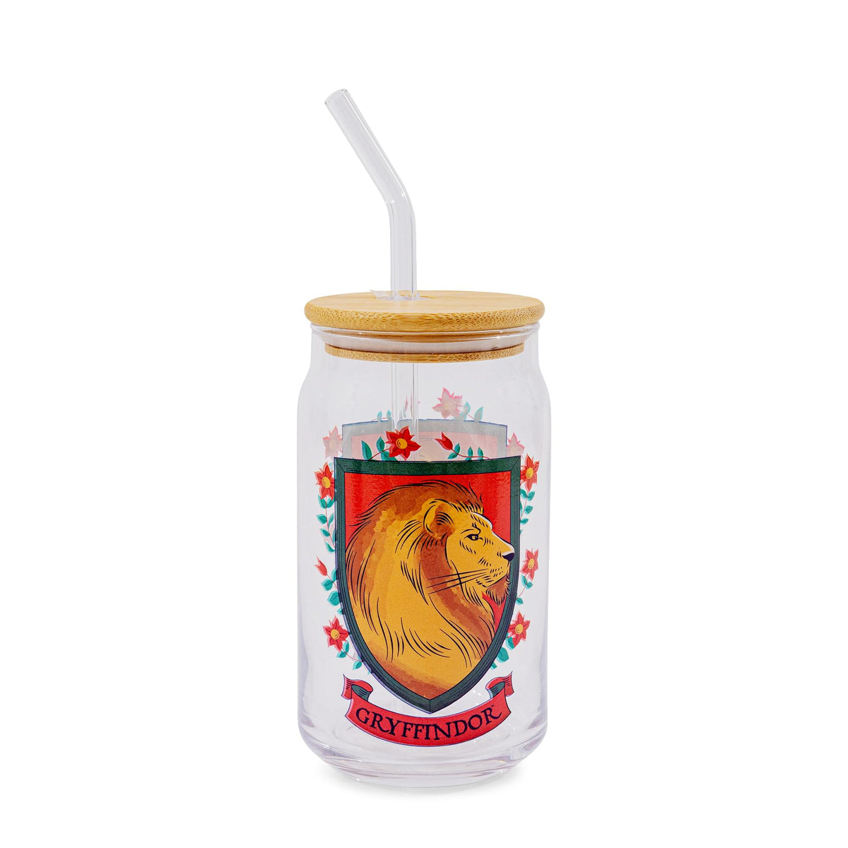 Harry Potter Gryffindor House Mascot Glass Tumbler With Bamboo Lid and Straw