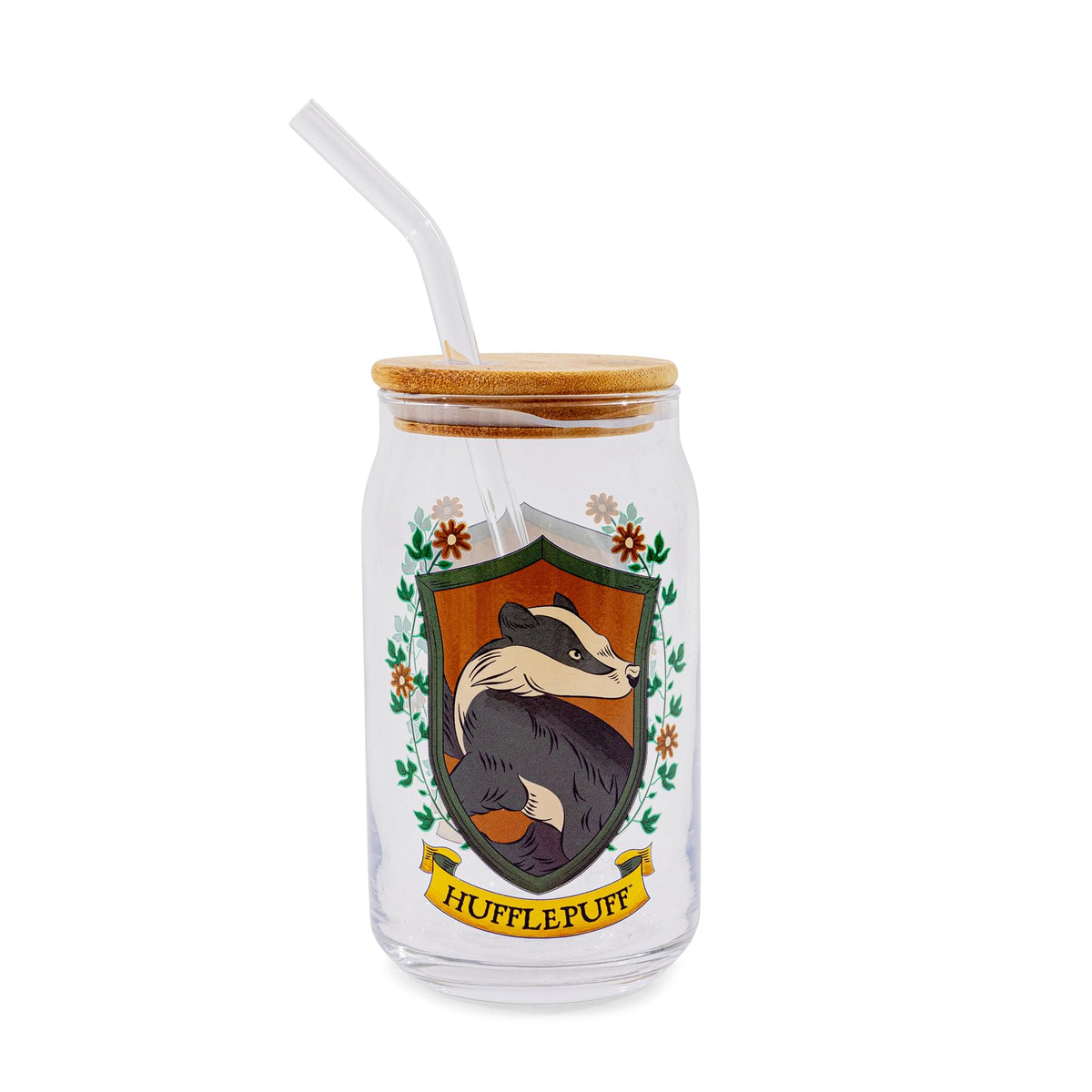 Harry Potter Hufflepuff House Mascot Glass Tumbler With Bamboo Lid and Straw