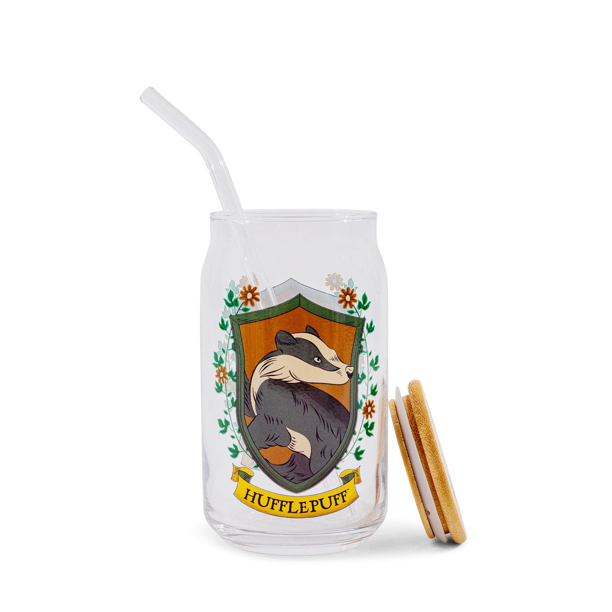 Harry Potter Hufflepuff House Mascot Glass Tumbler With Bamboo Lid and Straw