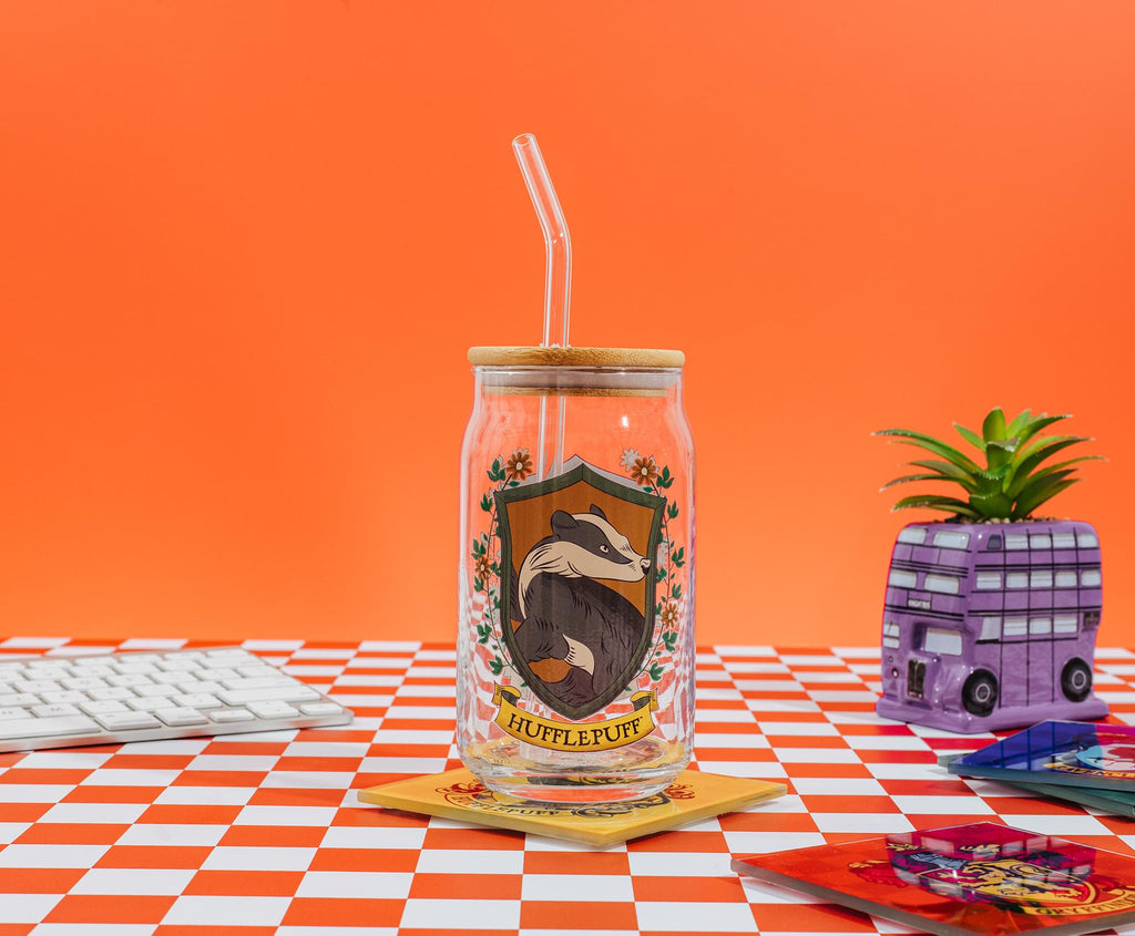 Harry Potter Hufflepuff House Mascot Glass Tumbler With Bamboo Lid and Straw
