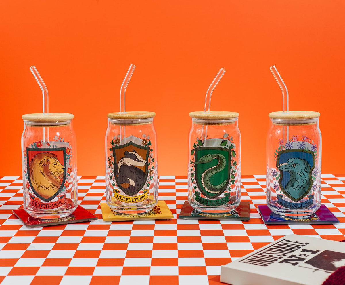 Harry Potter Hufflepuff House Mascot Glass Tumbler With Bamboo Lid and Straw