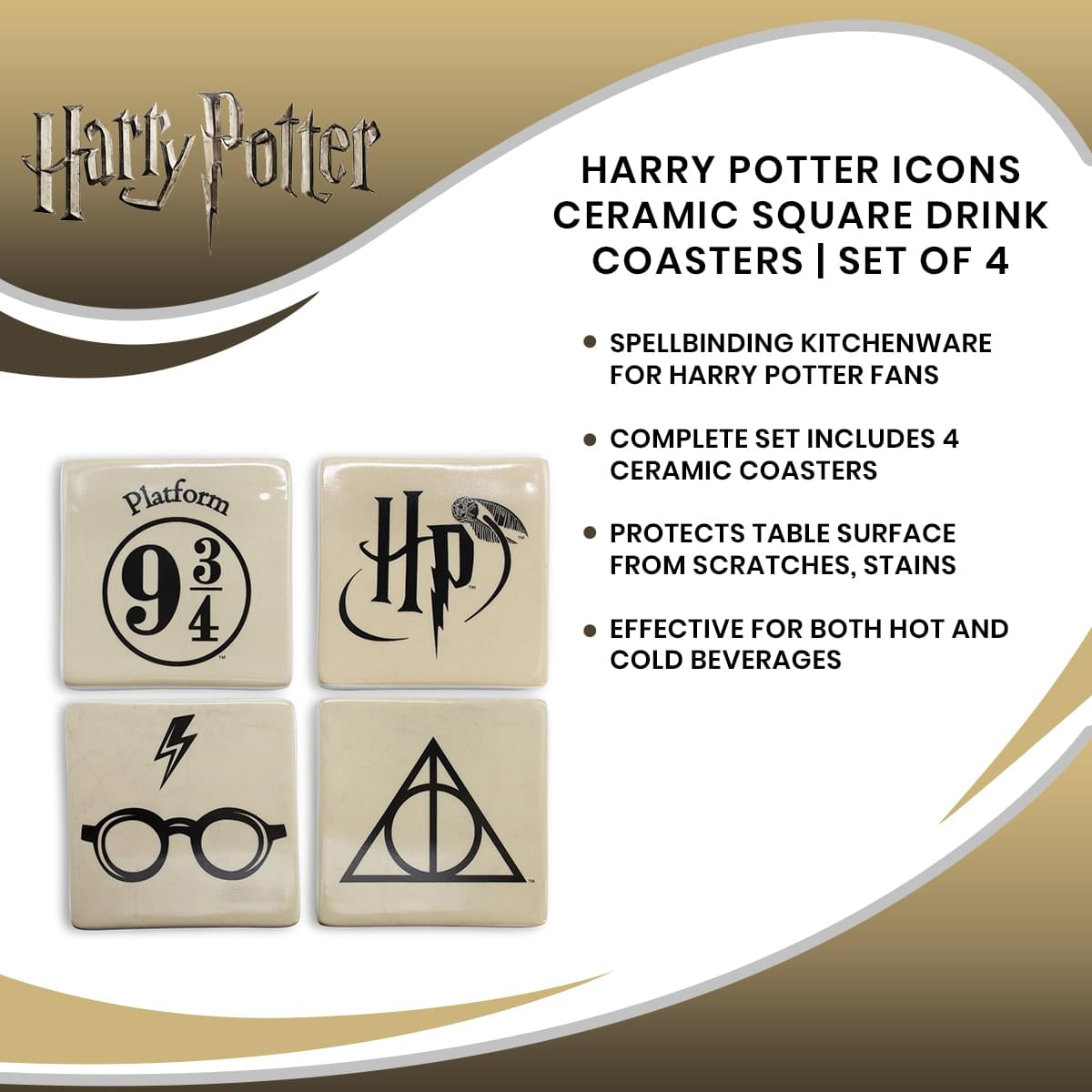 Harry Potter Icons Ceramic Square Drink Coasters | Set of 4